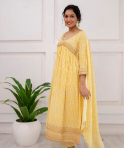 Womens Rayon Yellow Alia Cut A-line Kurta Pant and Dupatta With Fancy Potli Set