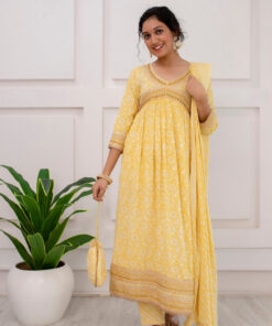 Womens Rayon Yellow Alia Cut A-line Kurta Pant and Dupatta With Fancy Potli Set