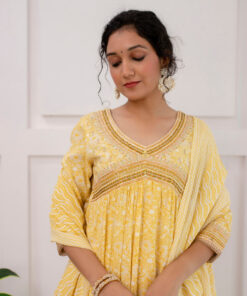 Womens Rayon Yellow Alia Cut A-line Kurta Pant and Dupatta With Fancy Potli Set