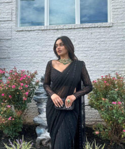 Glimmering Sequence Work Black Color Saree