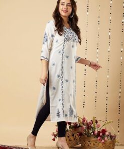 ANNI DESIGNER Women's Cotton Blend Chikankari Embroidered Straight Kurta