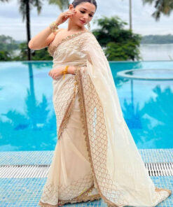 Tamanna Bhatia Bollywood Wear White Chanderi Sequin Saree