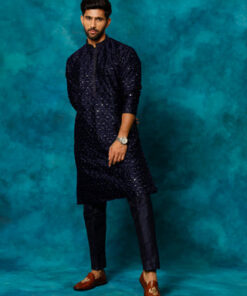 MEN'S BLUE SILK BLEND KURTA PYJAMA SET