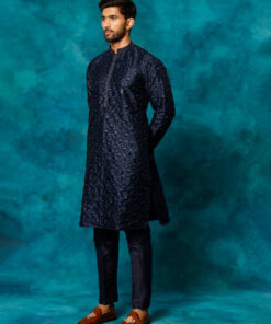 MEN'S BLUE SILK BLEND KURTA PYJAMA SET