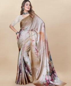 Anouk Peach Coloured Floral Printed Satin Saree