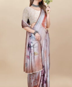 Anouk Peach Coloured Floral Printed Satin Saree