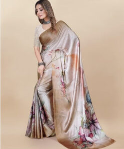 Anouk Peach Coloured Floral Printed Satin Saree