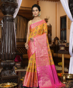 Yellow color soft organza silk saree with zari weaving work