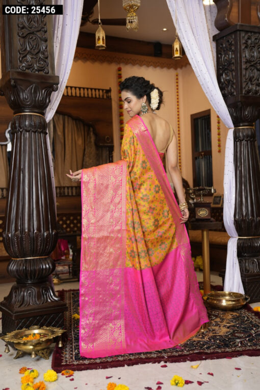 Yellow color soft organza silk saree with zari weaving work