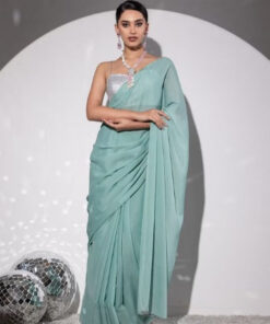 Swtantra Blue & Silver-Toned Solid Sequinned Saree