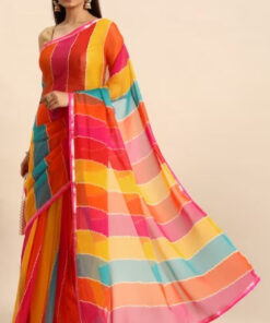 HERE&NOW Striped Zari Pure Georgette Bandhani Saree