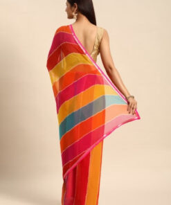 HERE&NOW Striped Zari Pure Georgette Bandhani Saree