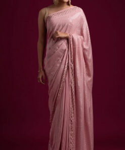 Baby Pink Sequins Semi Crepe Designer Saree