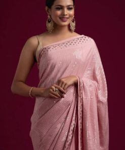 Baby Pink Sequins Semi Crepe Designer Saree