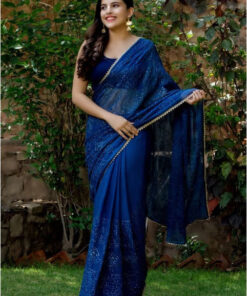 HOUSE OF JAMOTI Classic Blue Shimmer Sequin Saree with Unstitched Blouse