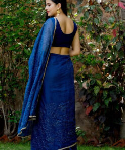 HOUSE OF JAMOTI Classic Blue Shimmer Sequin Saree with Unstitched Blouse