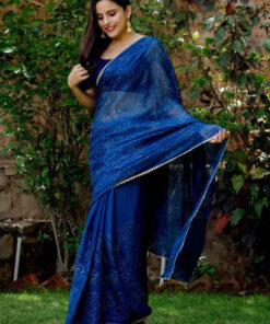 HOUSE OF JAMOTI Classic Blue Shimmer Sequin Saree with Unstitched Blouse