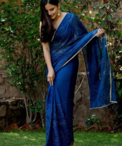 HOUSE OF JAMOTI Classic Blue Shimmer Sequin Saree with Unstitched Blouse