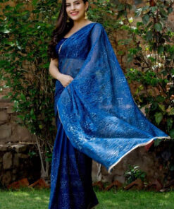 HOUSE OF JAMOTI Classic Blue Shimmer Sequin Saree with Unstitched Blouse