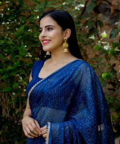 HOUSE OF JAMOTI Classic Blue Shimmer Sequin Saree with Unstitched Blouse