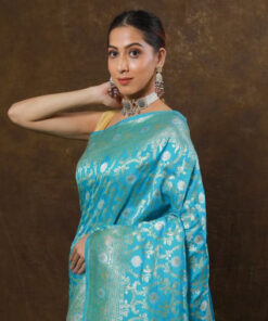 SKY BLUE HANDWOVEN CUTWORK KATAN SILK SAREE