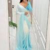 White and skyblue shaded georgette mukesh work designer saree