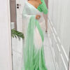 White and Light Green shaded georgette mukesh work designer saree