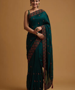 Bottle Green Threadwork Soft Silk Saree