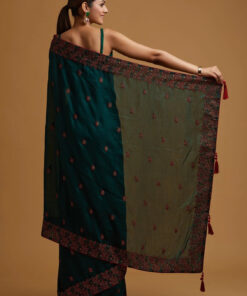 Bottle Green Threadwork Soft Silk Saree