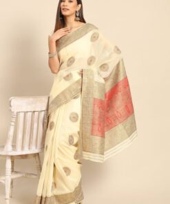 Akhilam Womens Silk Blend Cream Woven Design Designer Saree with Unstitched Blouse