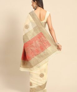 Akhilam Womens Silk Blend Cream Woven Design Designer Saree with Unstitched Blouse