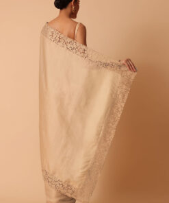 Beige Saree In Organza With Lace Trims And Unstitched Blouse Piece