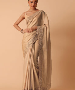 Beige Saree In Organza With Lace Trims And Unstitched Blouse Piece