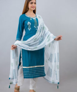 Women Turquoise Blue Ethic Motif Embroidered Kurta With Pant and Dupatta set