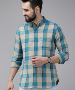 Men Grey & Teal Blue Slim Fit Checked Flannel Cotton Casual Shirt