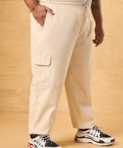 Beige Plus Size Men Mid-Rise Cotton Cargo Carpenter Trousers