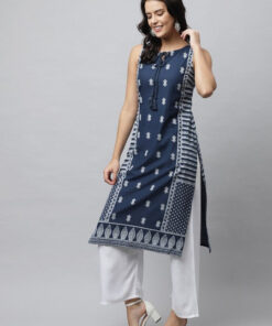 Women Blue & White Ethnic Motifs Printed Kurta