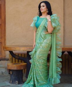 Glamorous Prajakta Gaikwad Sequence Work Green Color Party Wear Saree