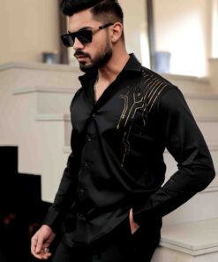 Black Club Wear Satin Cotton Party Shirt