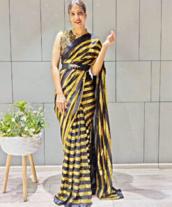 Black And Yellow Georgette Saree With Waist Belt