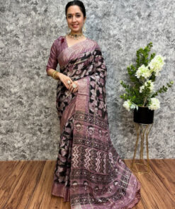 Black and magenta color soft cotton silk saree with digital printed work