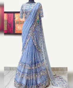 Sky Blue Butterfly Net Thread Work Wedding Wear Saree