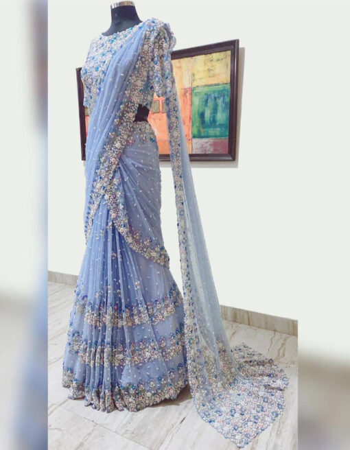 Sky Blue Butterfly Net Thread Work Wedding Wear Saree